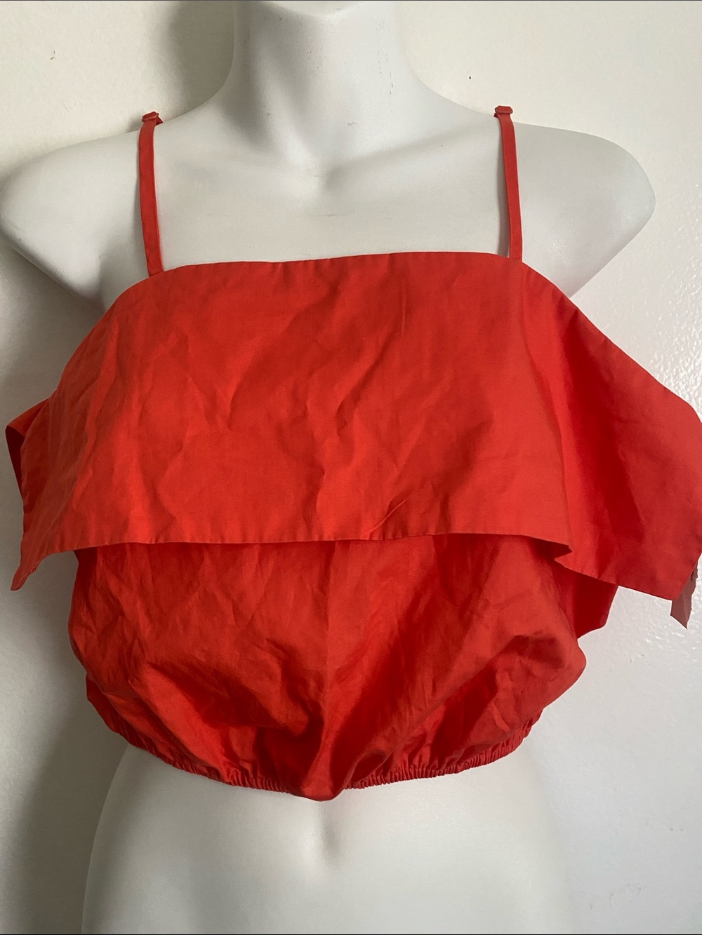 Gibson Latimer Coral Red Ruffle Crop Top with Spaghetti Straps